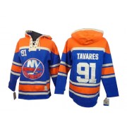 New York Islanders ＃91 Men's John Tavares Old Time Hockey Authentic Royal Blue Sawyer Hooded Sweatshirt Jersey