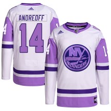 New York Islanders Men's Andy Andreoff Adidas Authentic White/Purple Hockey Fights Cancer Primegreen Jersey
