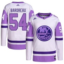 New York Islanders Men's Cole Bardreau Adidas Authentic White/Purple Hockey Fights Cancer Primegreen Jersey