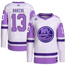 New York Islanders Men's Mathew Barzal Adidas Authentic White/Purple Hockey Fights Cancer Primegreen Jersey