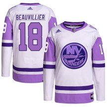 New York Islanders Men's Anthony Beauvillier Adidas Authentic White/Purple Hockey Fights Cancer Primegreen Jersey
