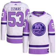 New York Islanders Men's Casey Cizikas Adidas Authentic White/Purple Hockey Fights Cancer Primegreen Jersey