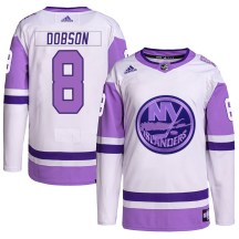 New York Islanders Men's Noah Dobson Adidas Authentic White/Purple Hockey Fights Cancer Primegreen Jersey