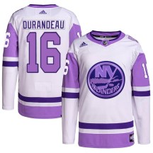 New York Islanders Men's Arnaud Durandeau Adidas Authentic White/Purple Hockey Fights Cancer Primegreen Jersey