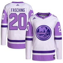 New York Islanders Men's Hudson Fasching Adidas Authentic White/Purple Hockey Fights Cancer Primegreen Jersey