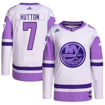 New York Islanders Men's Grant Hutton Adidas Authentic White/Purple Hockey Fights Cancer Primegreen Jersey