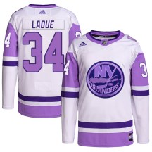 New York Islanders Men's Paul LaDue Adidas Authentic White/Purple Hockey Fights Cancer Primegreen Jersey