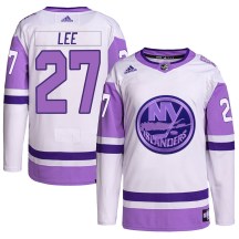 New York Islanders Men's Anders Lee Adidas Authentic White/Purple Hockey Fights Cancer Primegreen Jersey