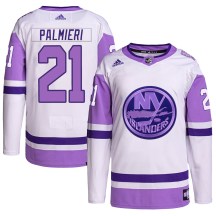New York Islanders Men's Kyle Palmieri Adidas Authentic White/Purple Hockey Fights Cancer Primegreen Jersey