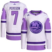 New York Islanders Men's Stefan Persson Adidas Authentic White/Purple Hockey Fights Cancer Primegreen Jersey