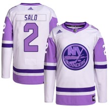 New York Islanders Men's Robin Salo Adidas Authentic White/Purple Hockey Fights Cancer Primegreen Jersey