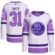 New York Islanders Men's Billy Smith Adidas Authentic White/Purple Hockey Fights Cancer Primegreen Jersey
