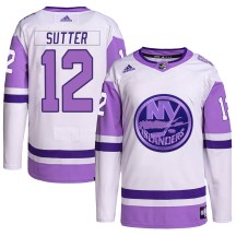 New York Islanders Men's Duane Sutter Adidas Authentic White/Purple Hockey Fights Cancer Primegreen Jersey