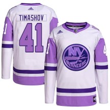New York Islanders Men's Dmytro Timashov Adidas Authentic White/Purple Hockey Fights Cancer Primegreen Jersey