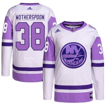 New York Islanders Men's Parker Wotherspoon Adidas Authentic White/Purple Hockey Fights Cancer Primegreen Jersey