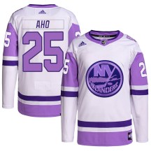 New York Islanders Youth Sebastian Aho Adidas Authentic White/Purple Hockey Fights Cancer Primegreen Jersey