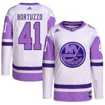 New York Islanders Youth Robert Bortuzzo Adidas Authentic White/Purple Hockey Fights Cancer Primegreen Jersey