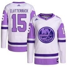 New York Islanders Youth Cal Clutterbuck Adidas Authentic White/Purple Hockey Fights Cancer Primegreen Jersey