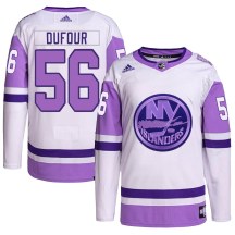 New York Islanders Youth William Dufour Adidas Authentic White/Purple Hockey Fights Cancer Primegreen Jersey