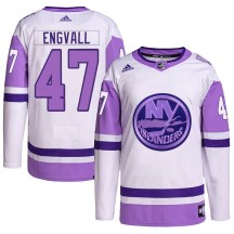 New York Islanders Youth Pierre Engvall Adidas Authentic White/Purple Hockey Fights Cancer Primegreen Jersey