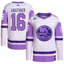 New York Islanders Youth Julien Gauthier Adidas Authentic White/Purple Hockey Fights Cancer Primegreen Jersey