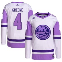 New York Islanders Youth Andy Greene Adidas Authentic White/Purple Hockey Fights Cancer Primegreen Jersey