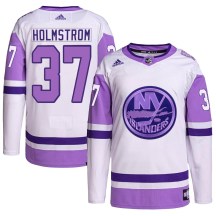 New York Islanders Youth Simon Holmstrom Adidas Authentic White/Purple Hockey Fights Cancer Primegreen Jersey