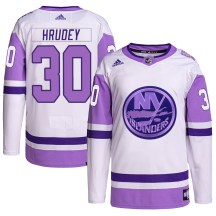 New York Islanders Youth Kelly Hrudey Adidas Authentic White/Purple Hockey Fights Cancer Primegreen Jersey
