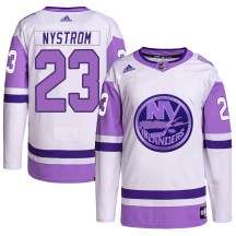 New York Islanders Youth Bob Nystrom Adidas Authentic White/Purple Hockey Fights Cancer Primegreen Jersey