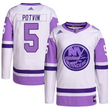 New York Islanders Youth Denis Potvin Adidas Authentic White/Purple Hockey Fights Cancer Primegreen Jersey