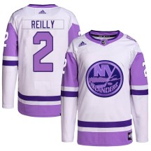 New York Islanders Youth Mike Reilly Adidas Authentic White/Purple Hockey Fights Cancer Primegreen Jersey