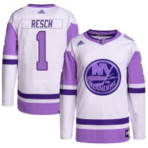 New York Islanders Youth Glenn Resch Adidas Authentic White/Purple Hockey Fights Cancer Primegreen Jersey