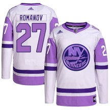New York Islanders Youth Alexander Romanov Adidas Authentic White/Purple Hockey Fights Cancer Primegreen Jersey