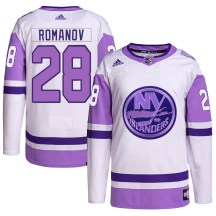 New York Islanders Youth Alexander Romanov Adidas Authentic White/Purple Hockey Fights Cancer Primegreen Jersey