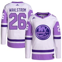 New York Islanders Youth Oliver Wahlstrom Adidas Authentic White/Purple Hockey Fights Cancer Primegreen Jersey