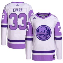 New York Islanders Youth Zdeno Chara Adidas Authentic White/Purple Hockey Fights Cancer Primegreen Jersey