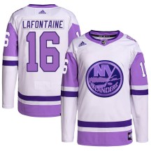 New York Islanders Youth Pat LaFontaine Adidas Authentic White/Purple Hockey Fights Cancer Primegreen Jersey