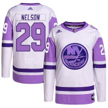 New York Islanders Youth Brock Nelson Adidas Authentic White/Purple Hockey Fights Cancer Primegreen Jersey