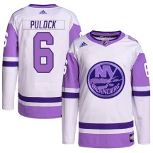 New York Islanders Youth Ryan Pulock Adidas Authentic White/Purple Hockey Fights Cancer Primegreen Jersey